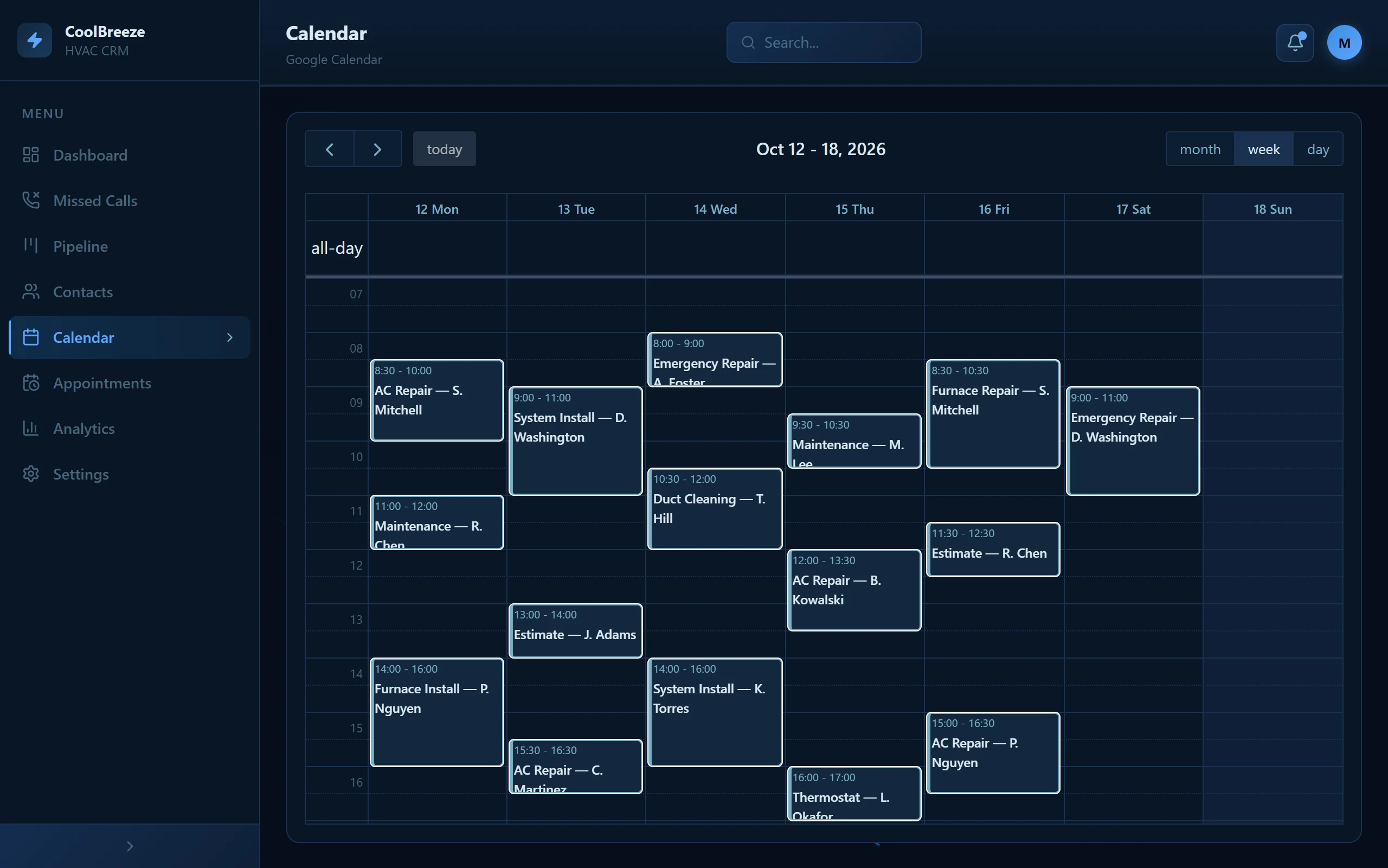 CRM calendar: weekly schedule of booked jobs